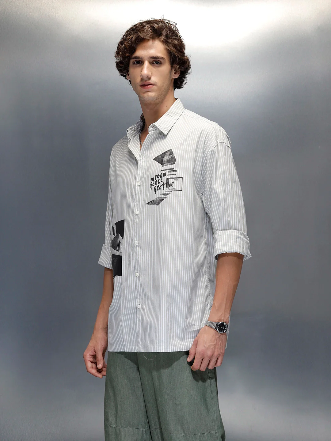 men's casual regualr fit placement print shirt | Green - Image 4