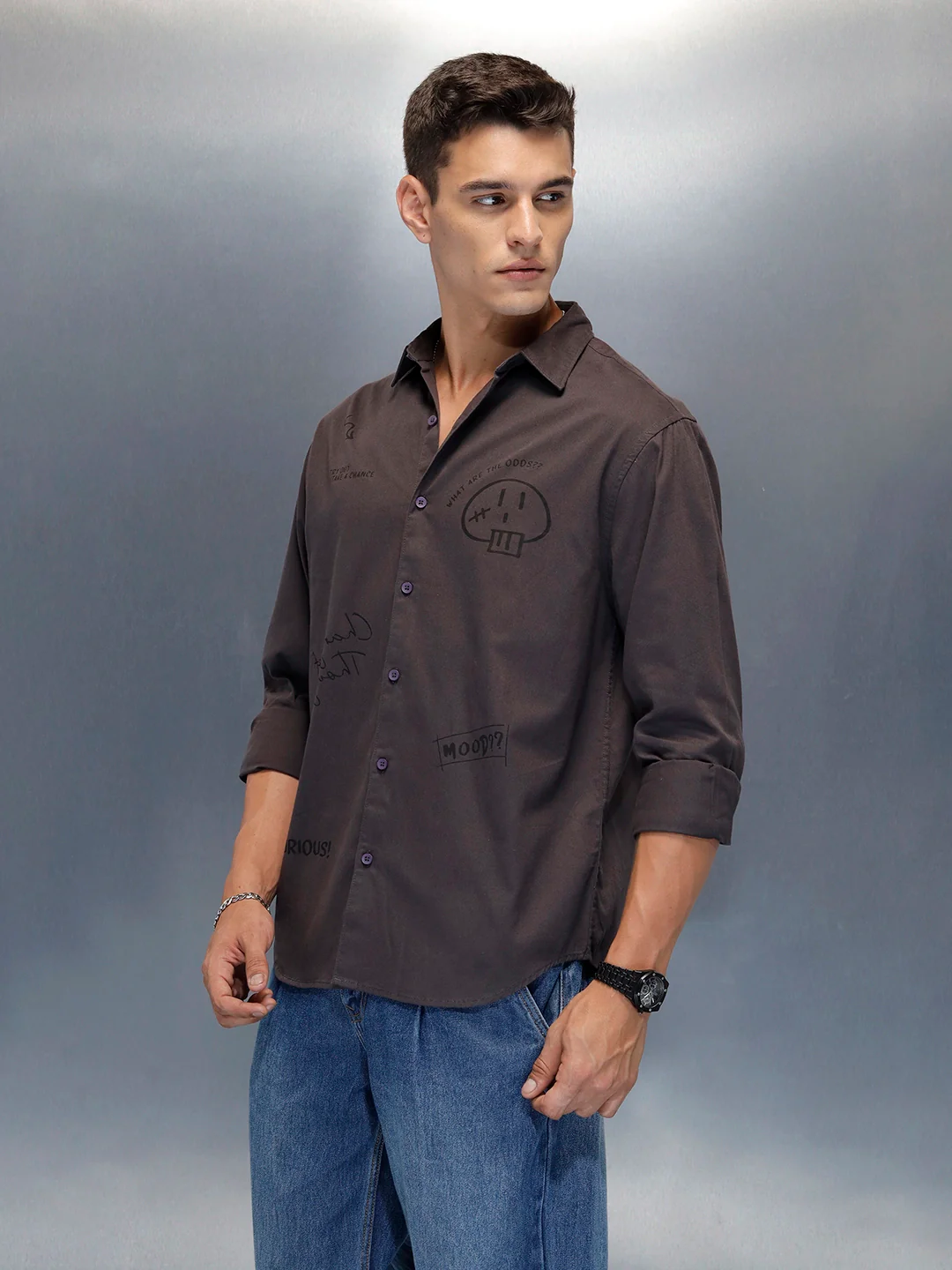 Men's Casual Regualr Fit Shirt With Placement Print | Dark Grey - Image 4