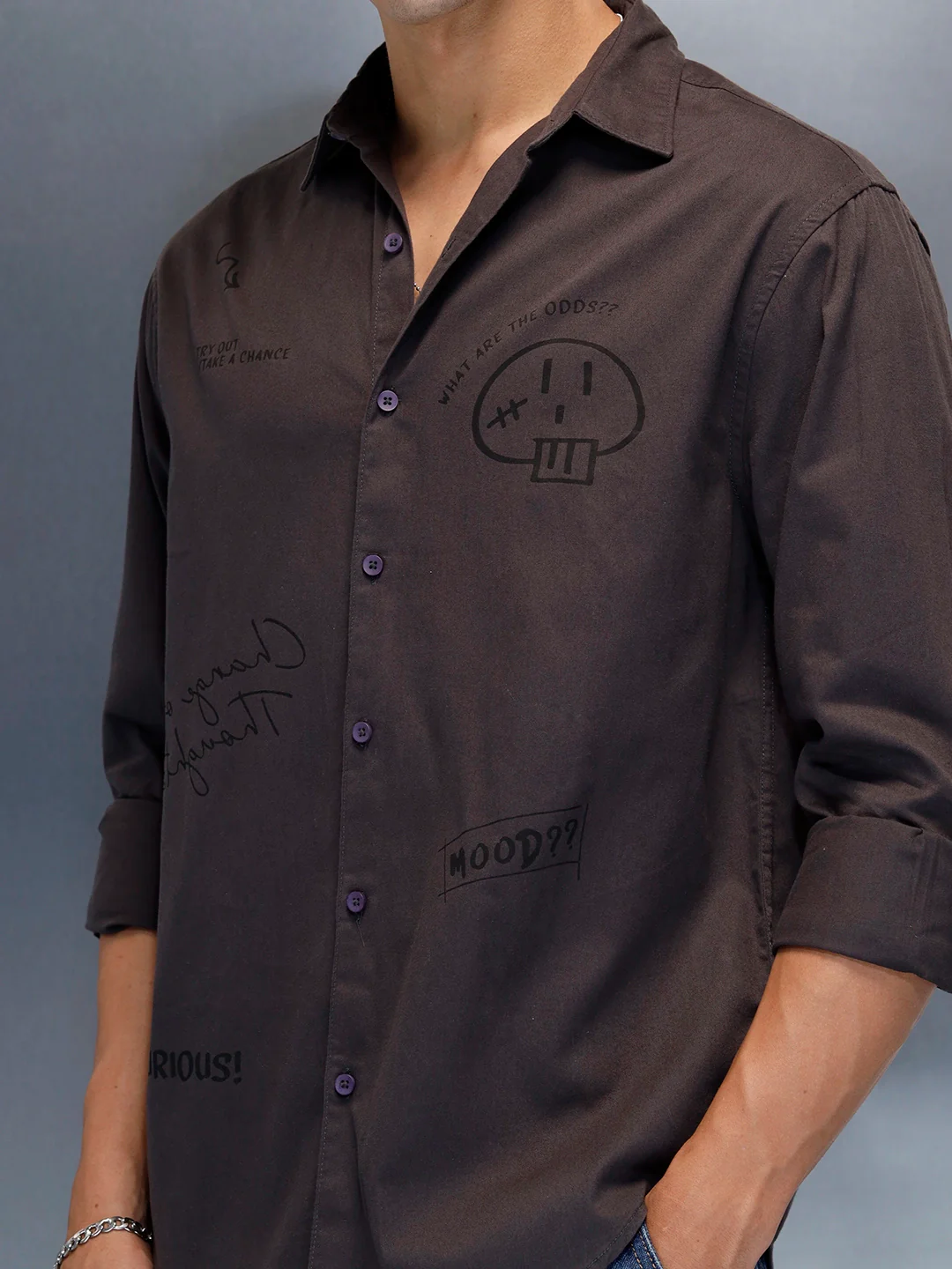 Men's Casual Regualr Fit Shirt With Placement Print | Dark Grey - Image 5