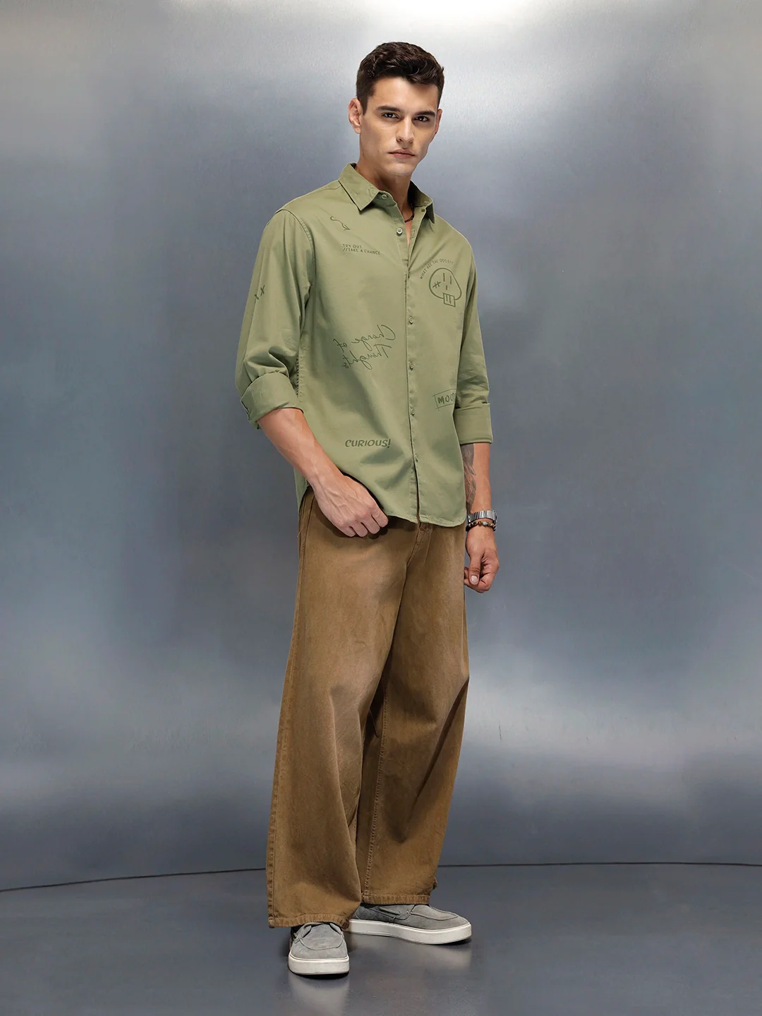 Men's Casual Regualr Fit Shirt With Placement Print | Green - Image 2