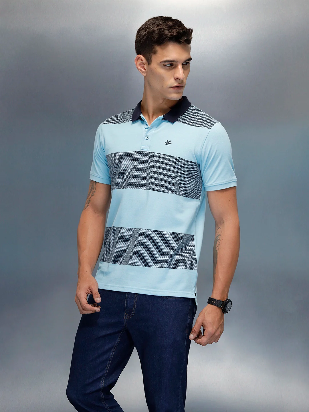 Men's Casual Regualr Fit Striped Patten Polo T-Shirt | Light Blue - Image 4