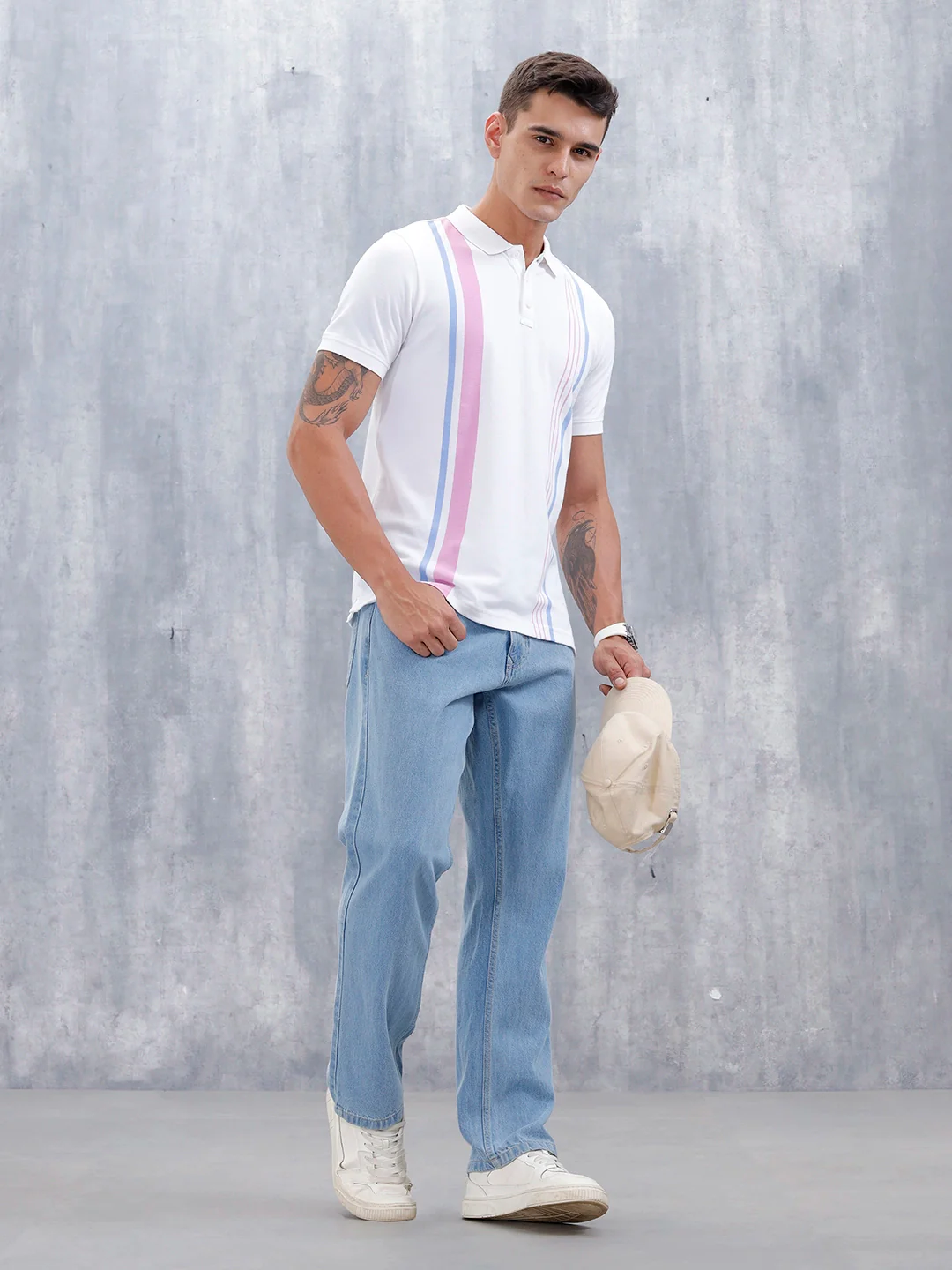 Men's Casual Regualr Fit Striped Pattern Polo T-Shirt | White - Image 2