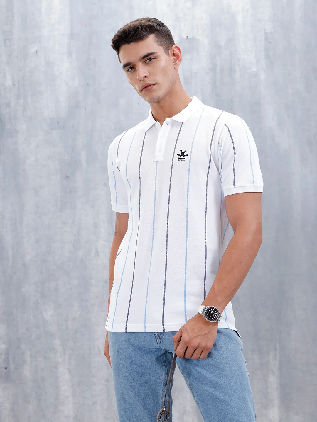 Men's Casual Regualr Fit Striped Pattern Polo T-Shirt | White - Image 3