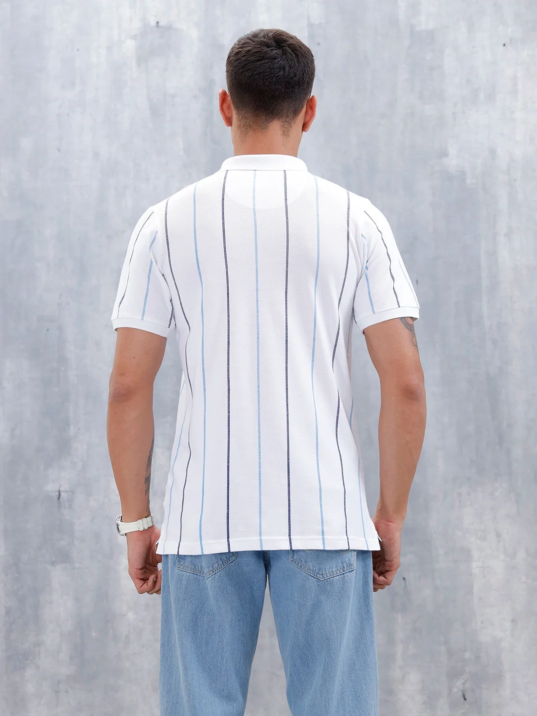 Men's Casual Regualr Fit Striped Pattern Polo T-Shirt | White - Image 5
