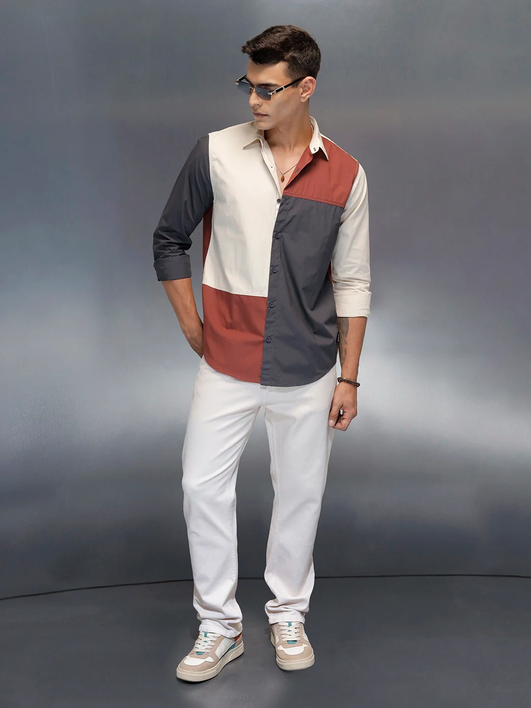Men's Casual Regular Fit Shirt With Colourblock | Rust - Image 2