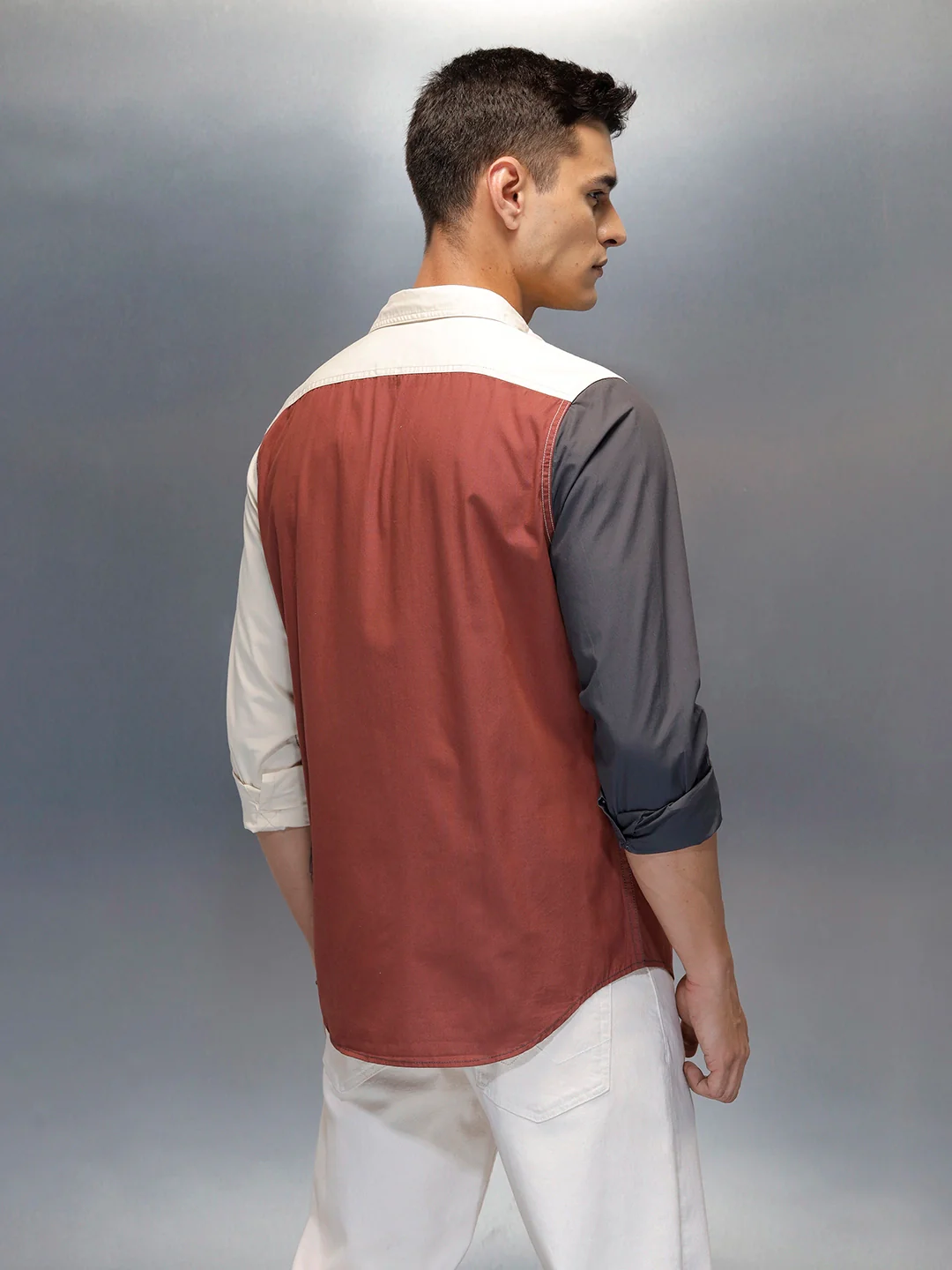 Men's Casual Regular Fit Shirt With Colourblock | Rust - Image 3