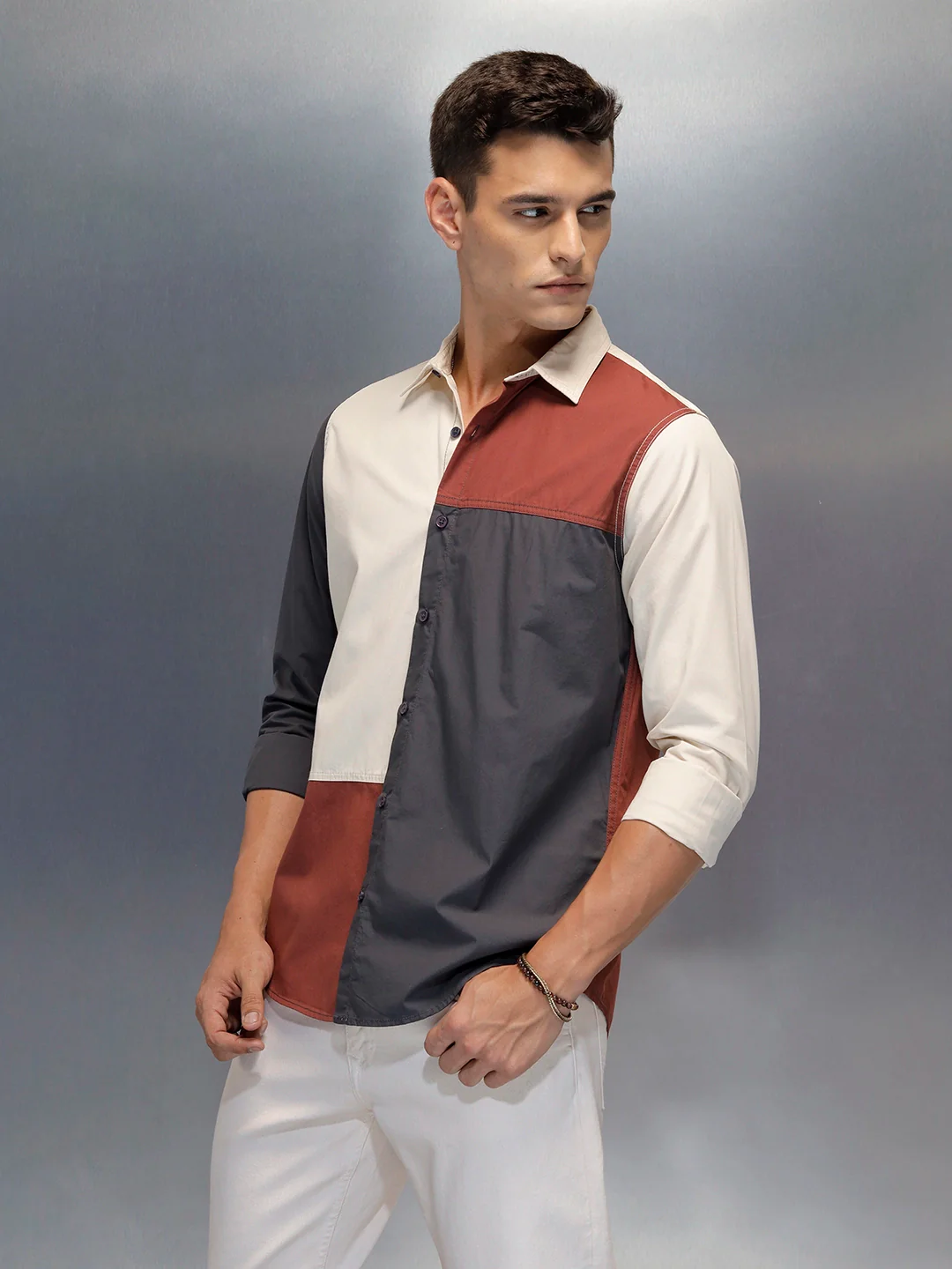 Men's Casual Regular Fit Shirt With Colourblock | Rust - Image 4