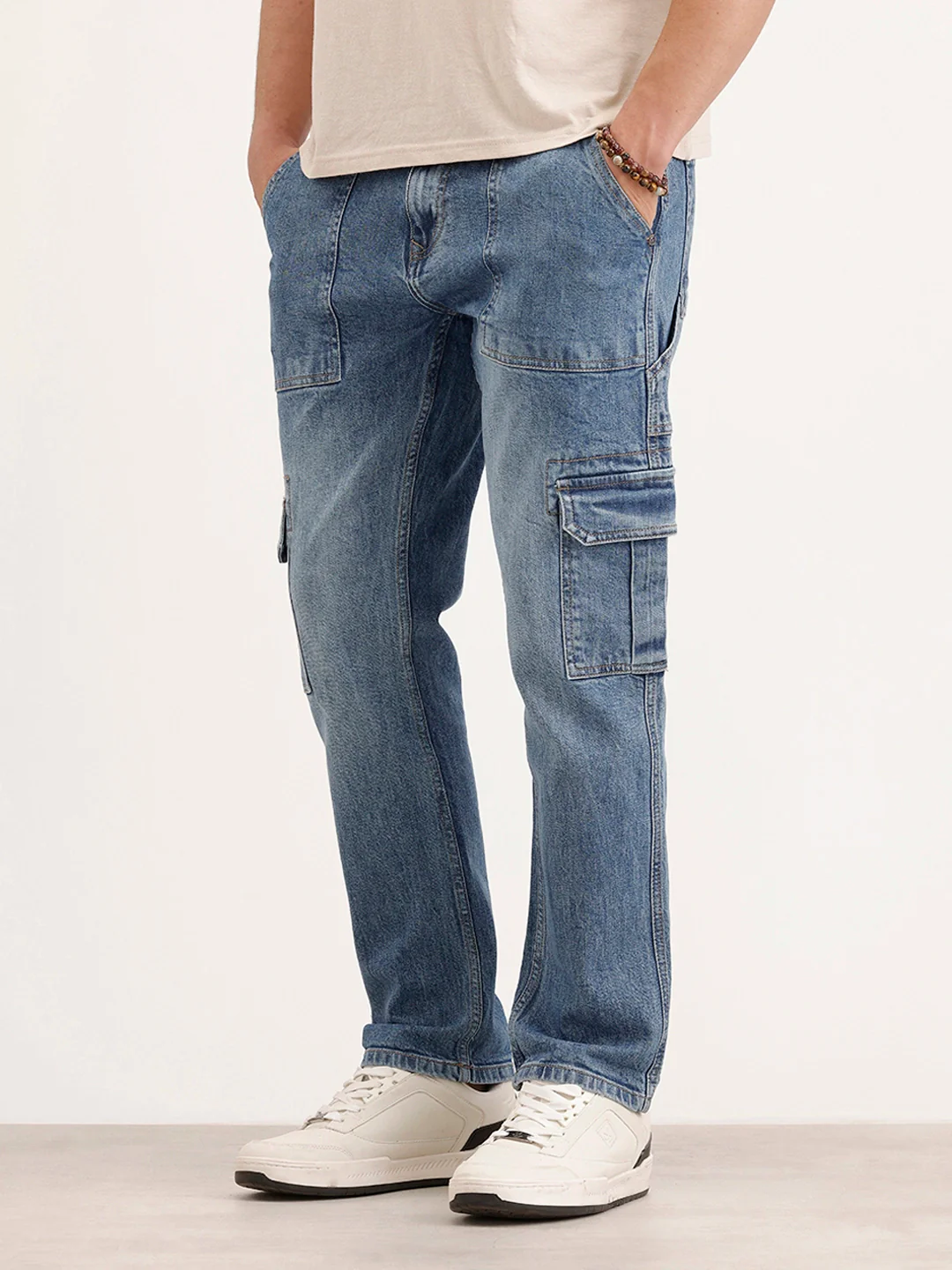 Relaxed Fit Cargo Denim Jeans | Blue - Image 4