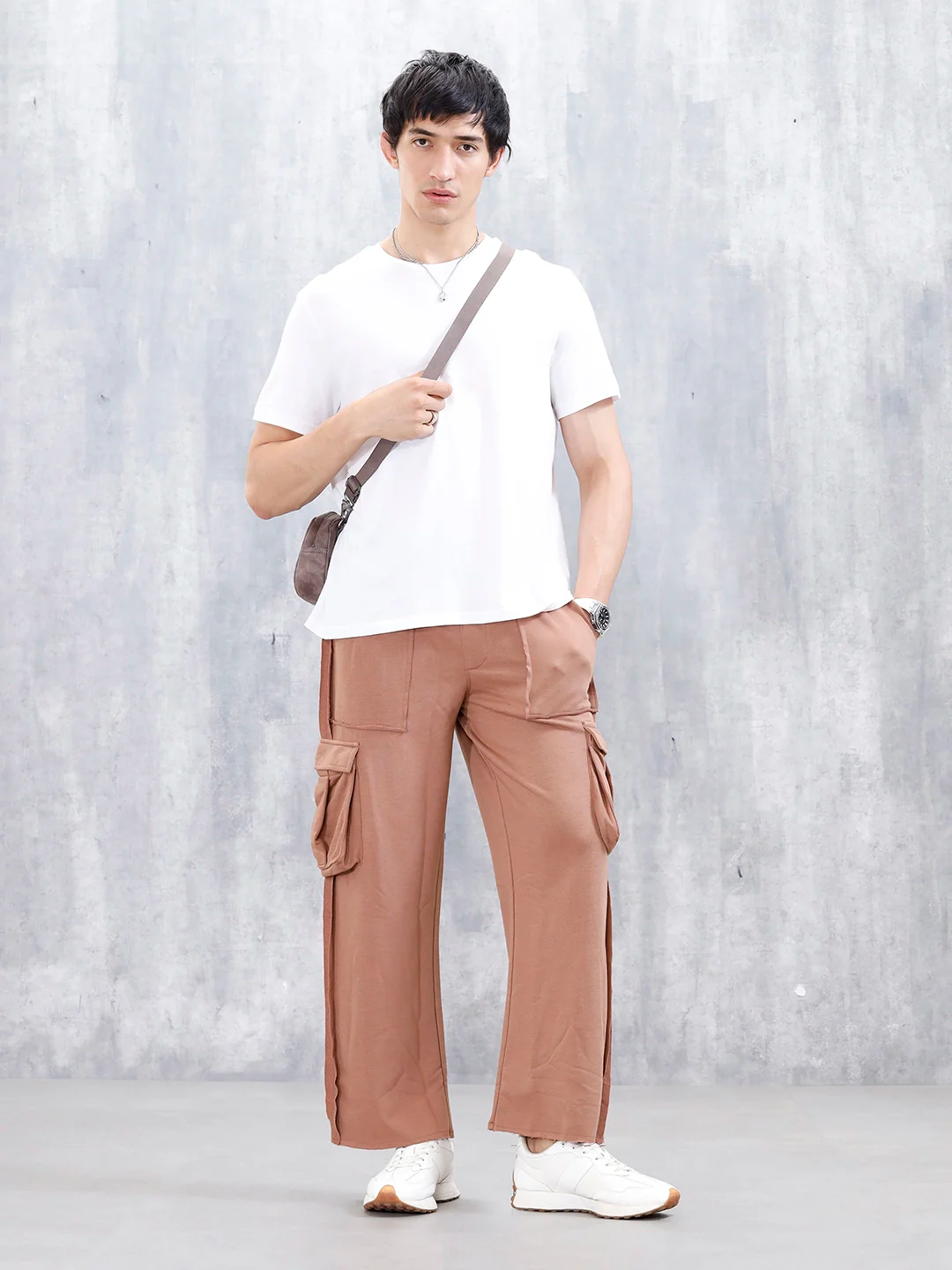 Men's Casual Relaxed Fit Cargo Knit Jogger With Raw Edge Detail | Brown - Image 2