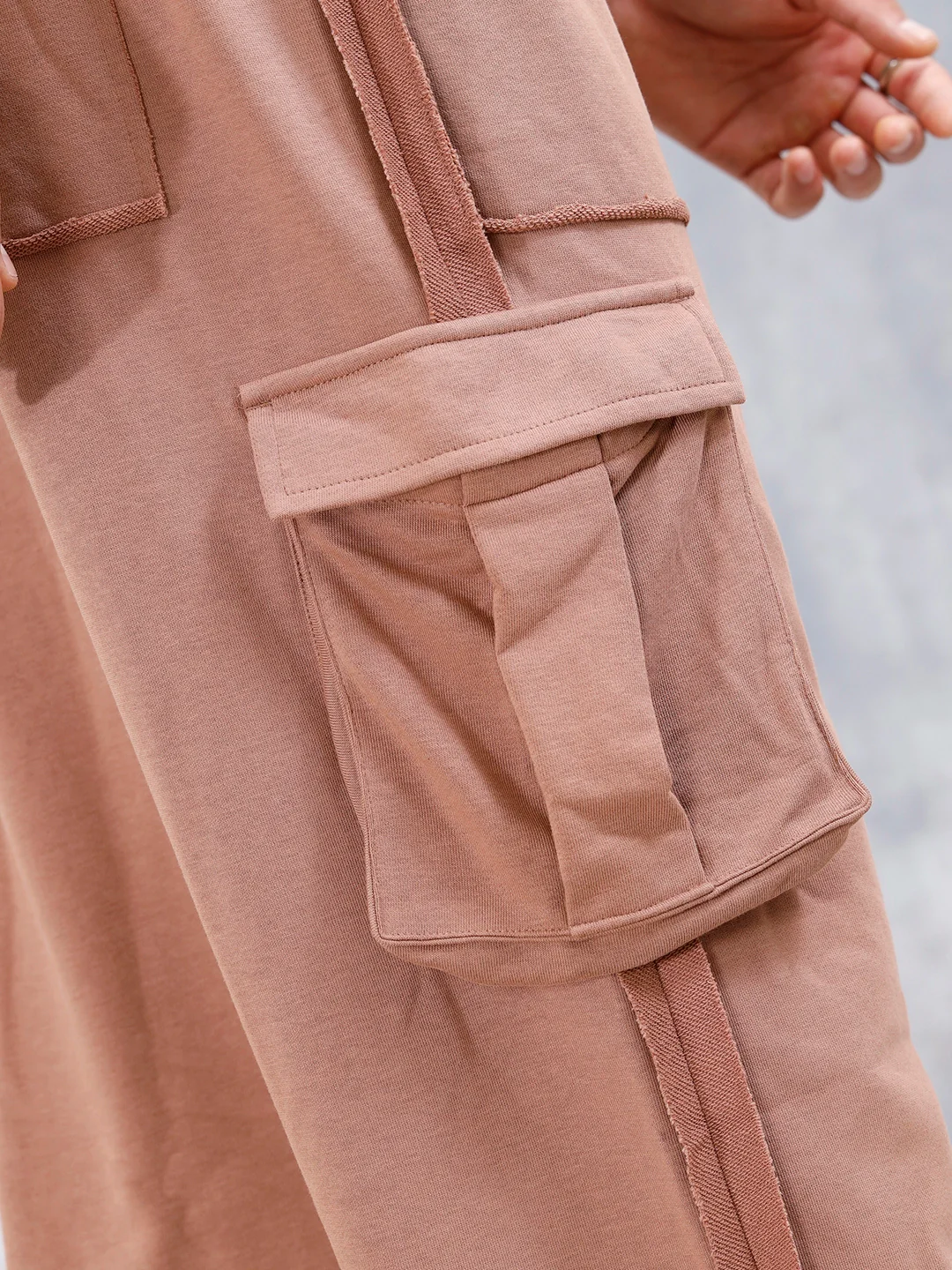 Men's Casual Relaxed Fit Cargo Knit Jogger With Raw Edge Detail | Brown - Image 5