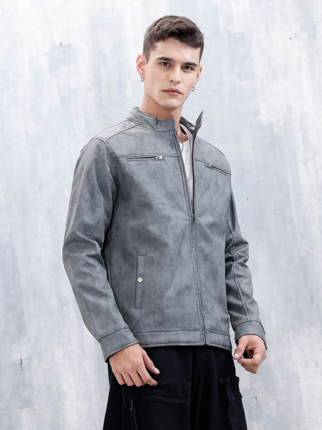 Men's Casual Slim Fit Biker Jacket | Grey - Image 4