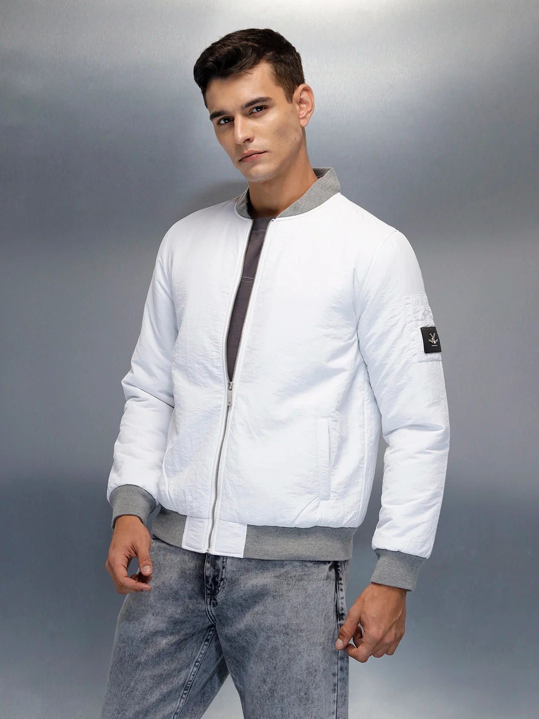 Men's Casual Slim Fit Bomber Jacket | Off White - Image 4