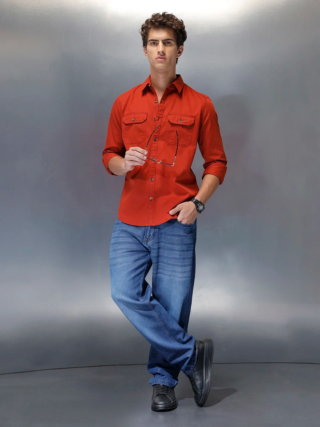 men's casual slim fit double pocket shirt | Rust - Image 2