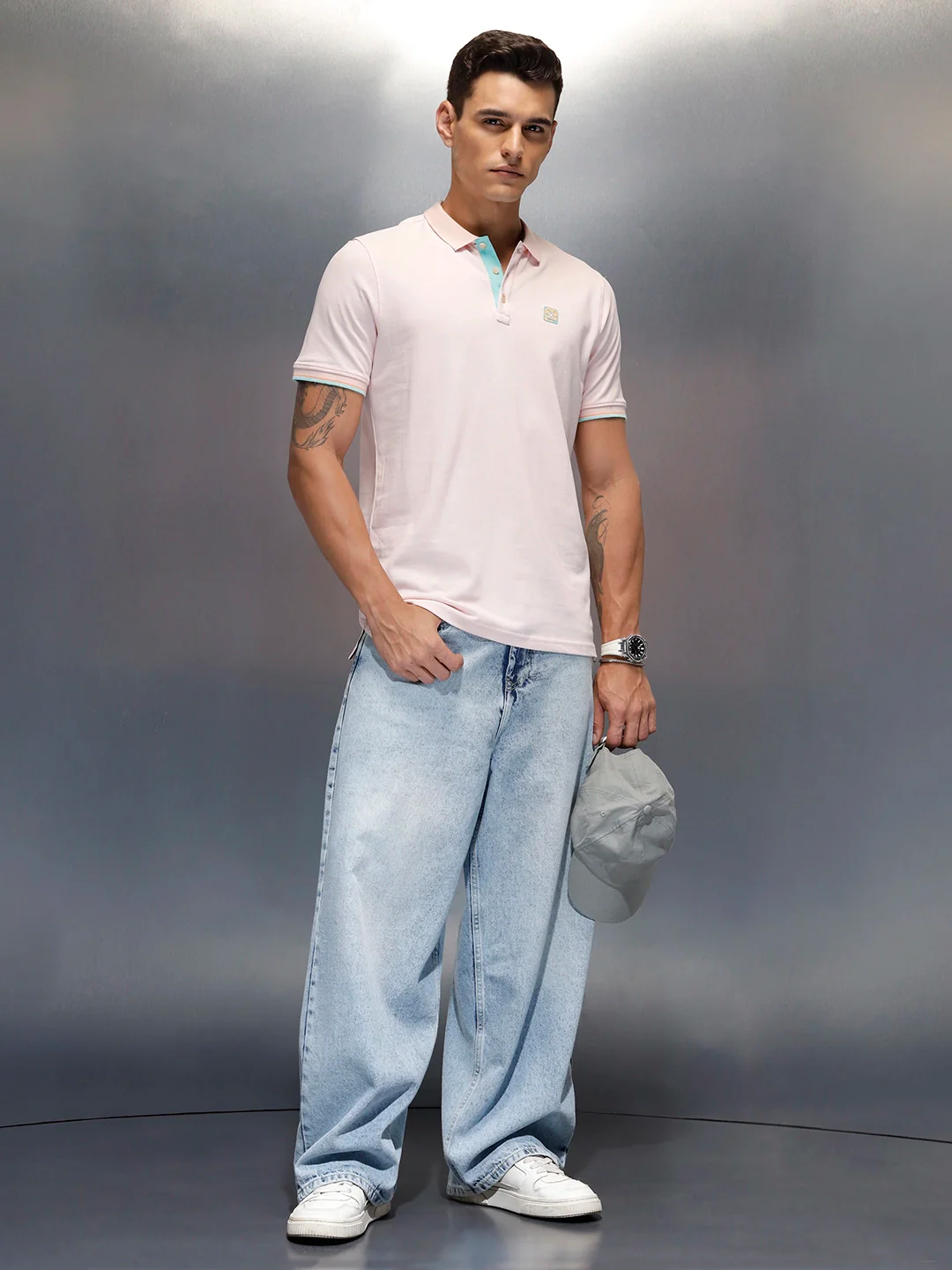 Men's casual slim fit polo t-shirt with contrast detail  | Pink - Image 2