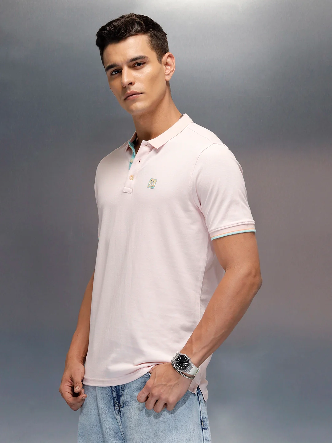Men's casual slim fit polo t-shirt with contrast detail  | Pink - Image 4