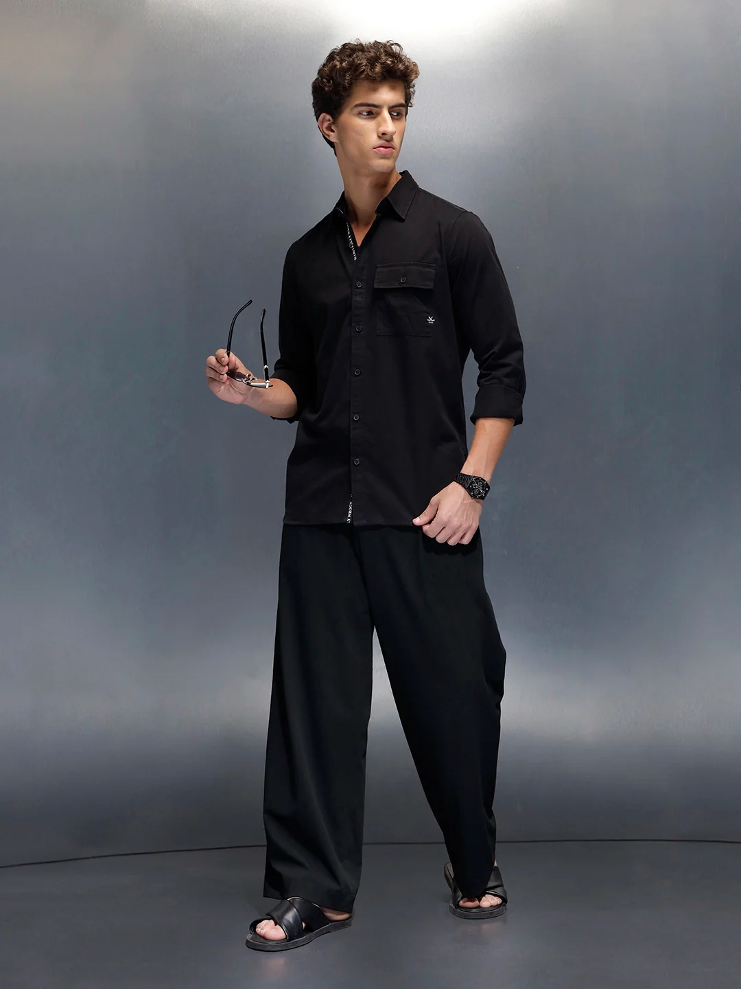 Men's casual slim fit shirt with typographic placket detail  | Black - Image 2