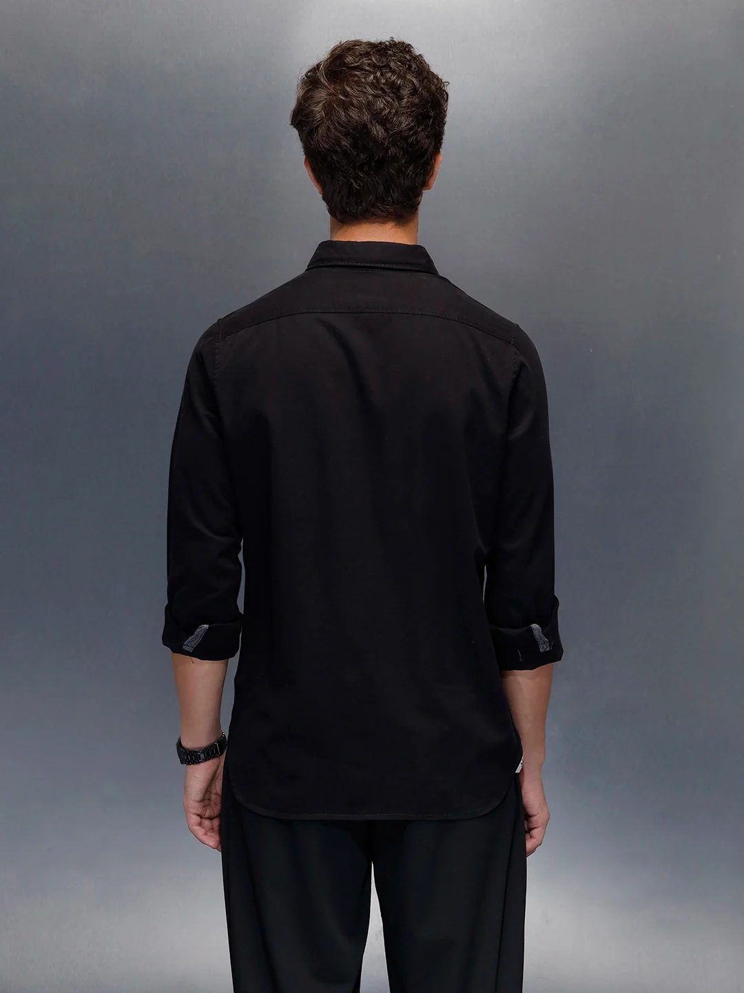 Men's casual slim fit shirt with typographic placket detail  | Black - Image 3