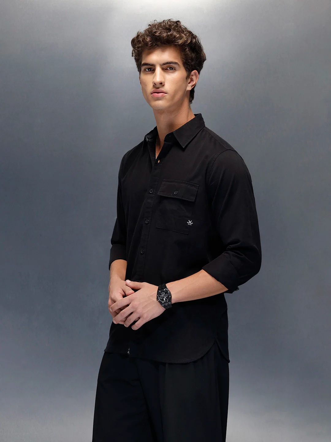 Men's casual slim fit shirt with typographic placket detail  | Black - Image 4