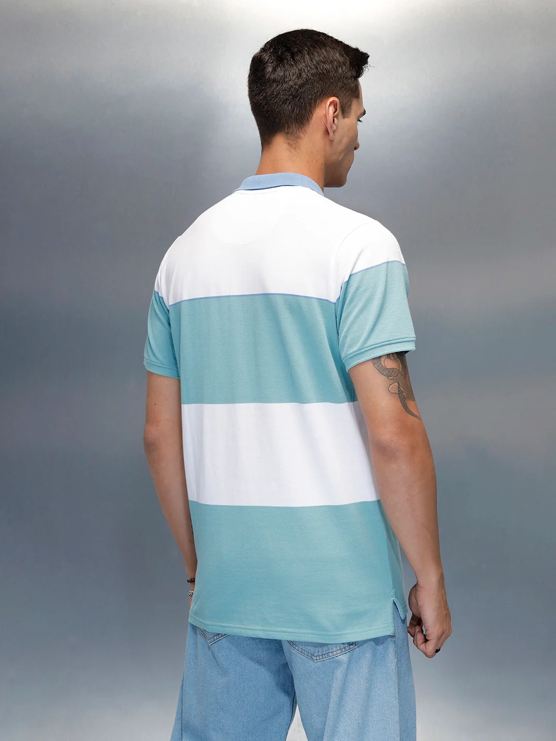 Men's Casual Slim Fit Striped Patten Polo T-Shirt | Teal - Image 3