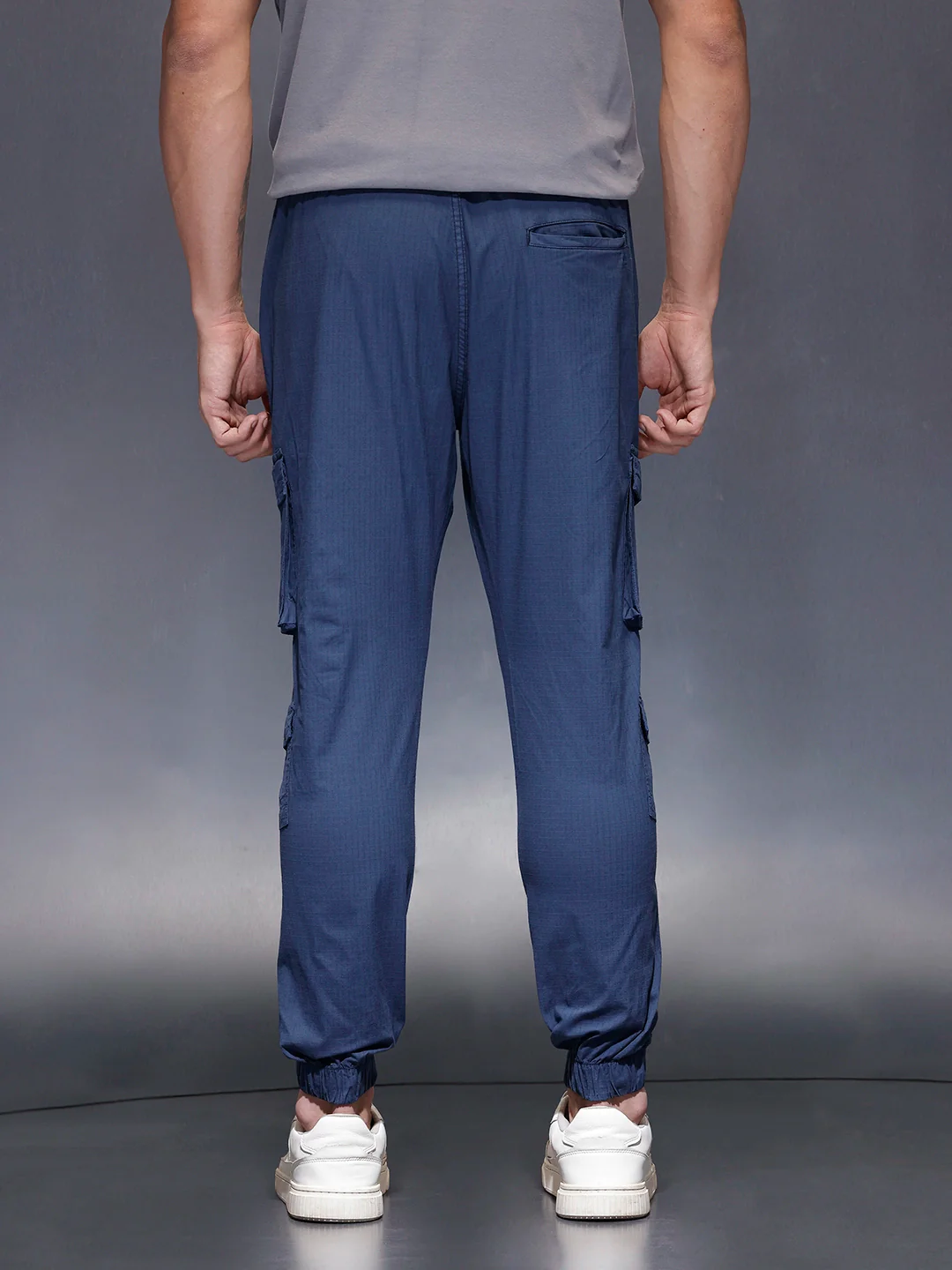 Men's casual Slim fit trousers with mutiple utility pockets | Navy Blue - Image 3