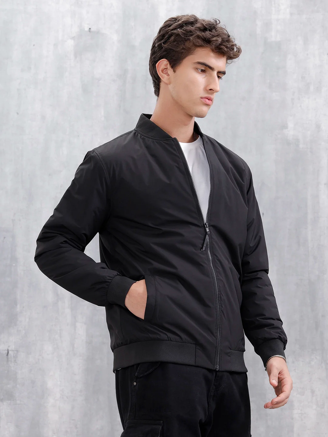 Men's Casual Solid Bomber Jacket | Black - Image 4