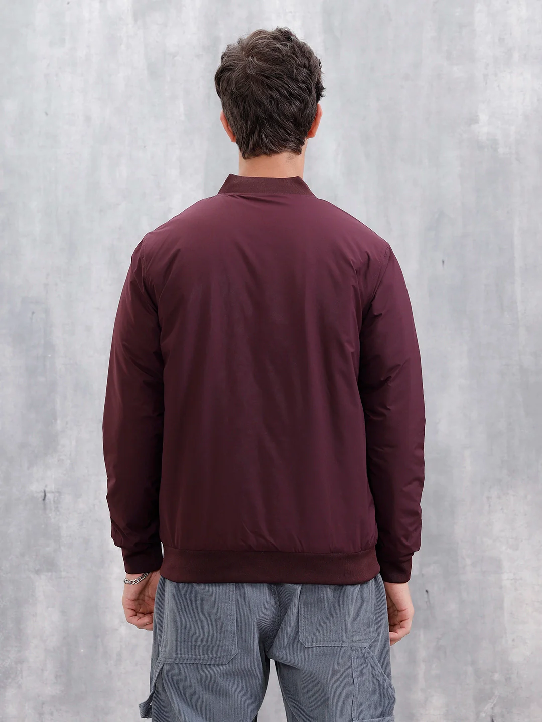 Men's Casual Solid Bomber Jacket | Maroon - Image 3