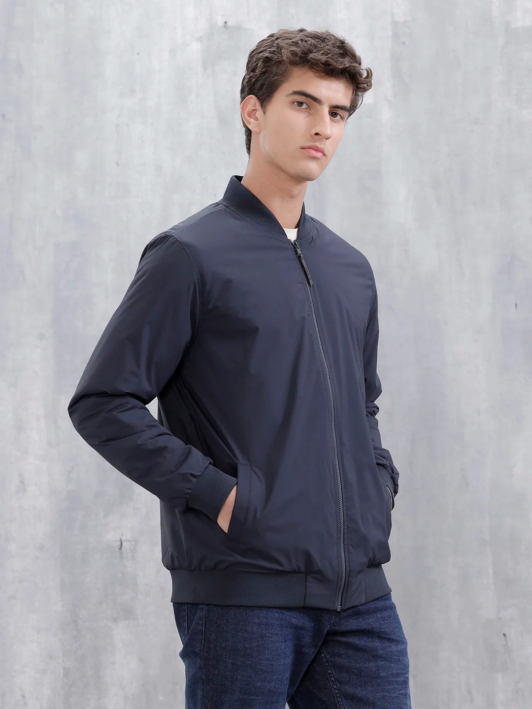 Men's Casual Solid Bomber Jacket  | Navy Blue - Image 4