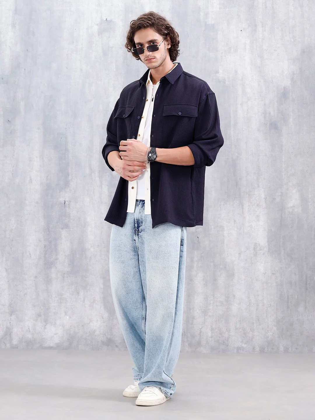 Men's Casual Solid Double Pocket Oversized Fit Shirt | Black - Image 2