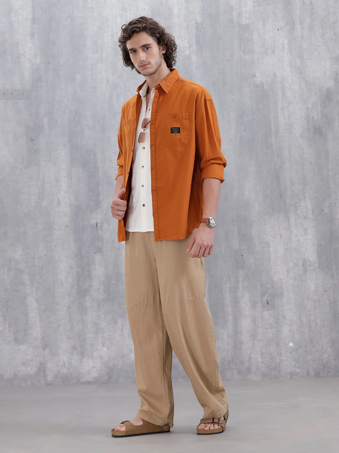 Men's Casual Solid Double Pocket Oversized Fit Shirt | Orange - Image 2