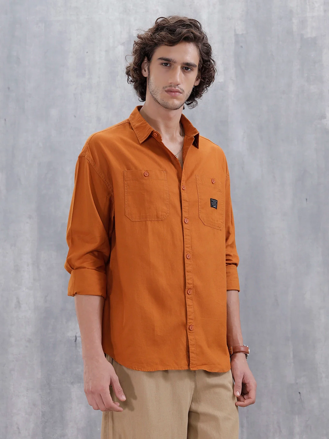 Men's Casual Solid Double Pocket Oversized Fit Shirt | Orange - Image 4