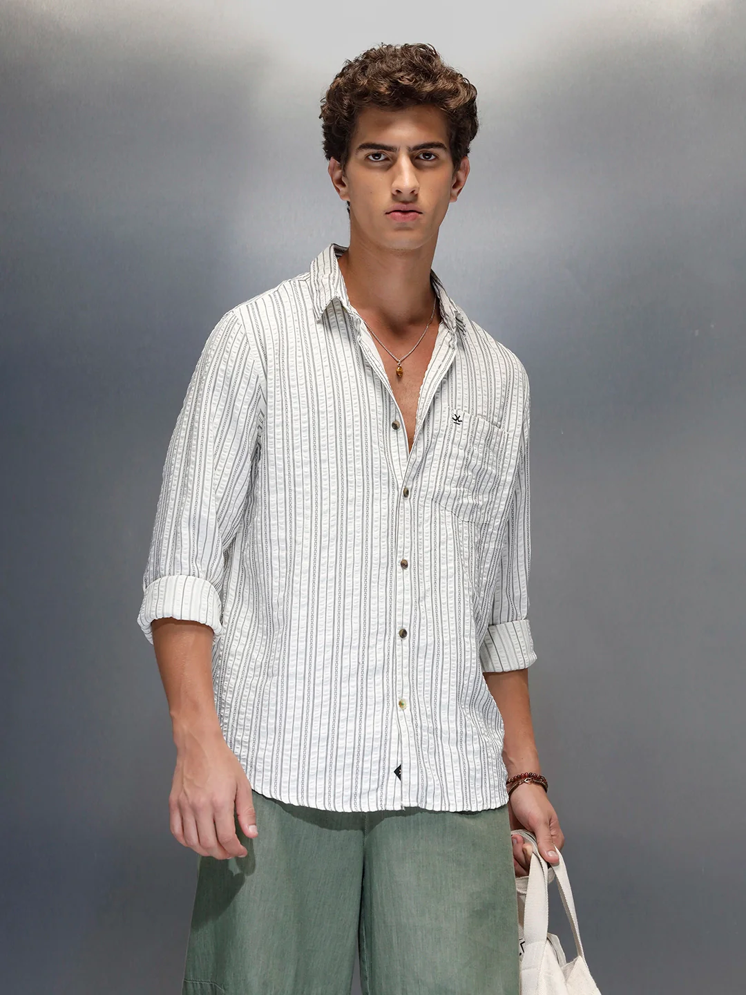 men's casual striped pattern shirt | Off White - Image 3