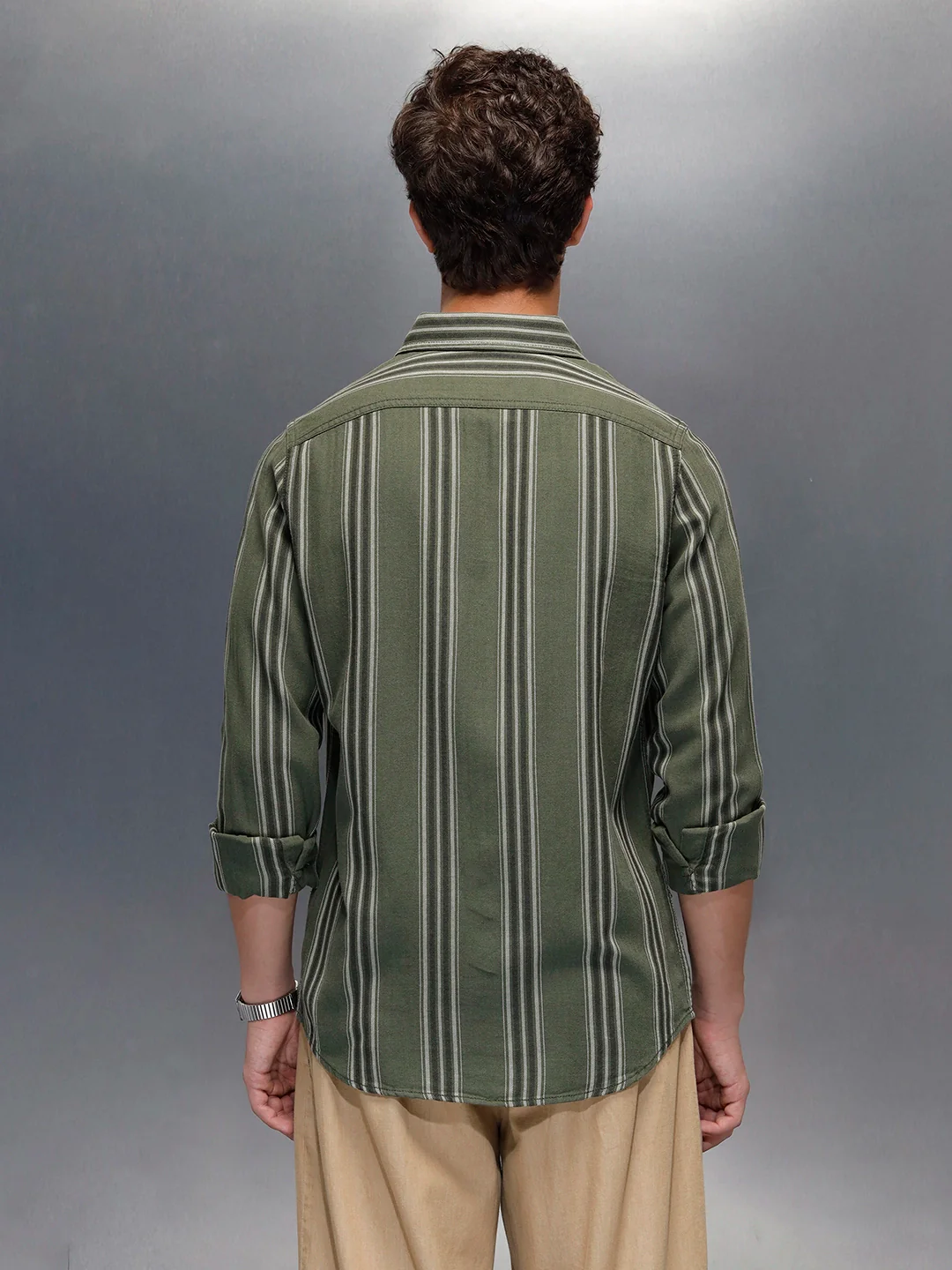 men's casual striped pattern shirt | Olive - Image 3