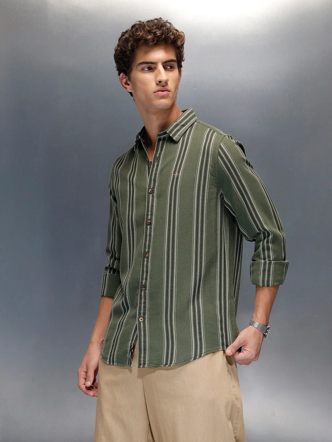 men's casual striped pattern shirt | Olive - Image 4