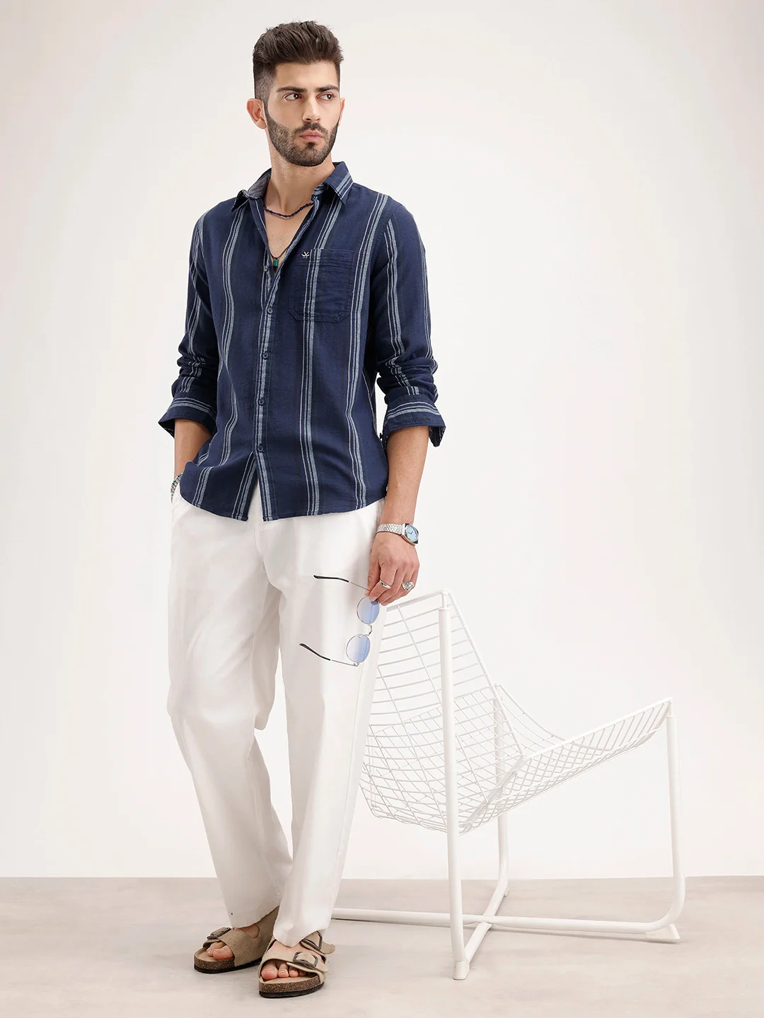 Men's Casual Striped Regular Fit Shirt  | Navy Blue - Image 2