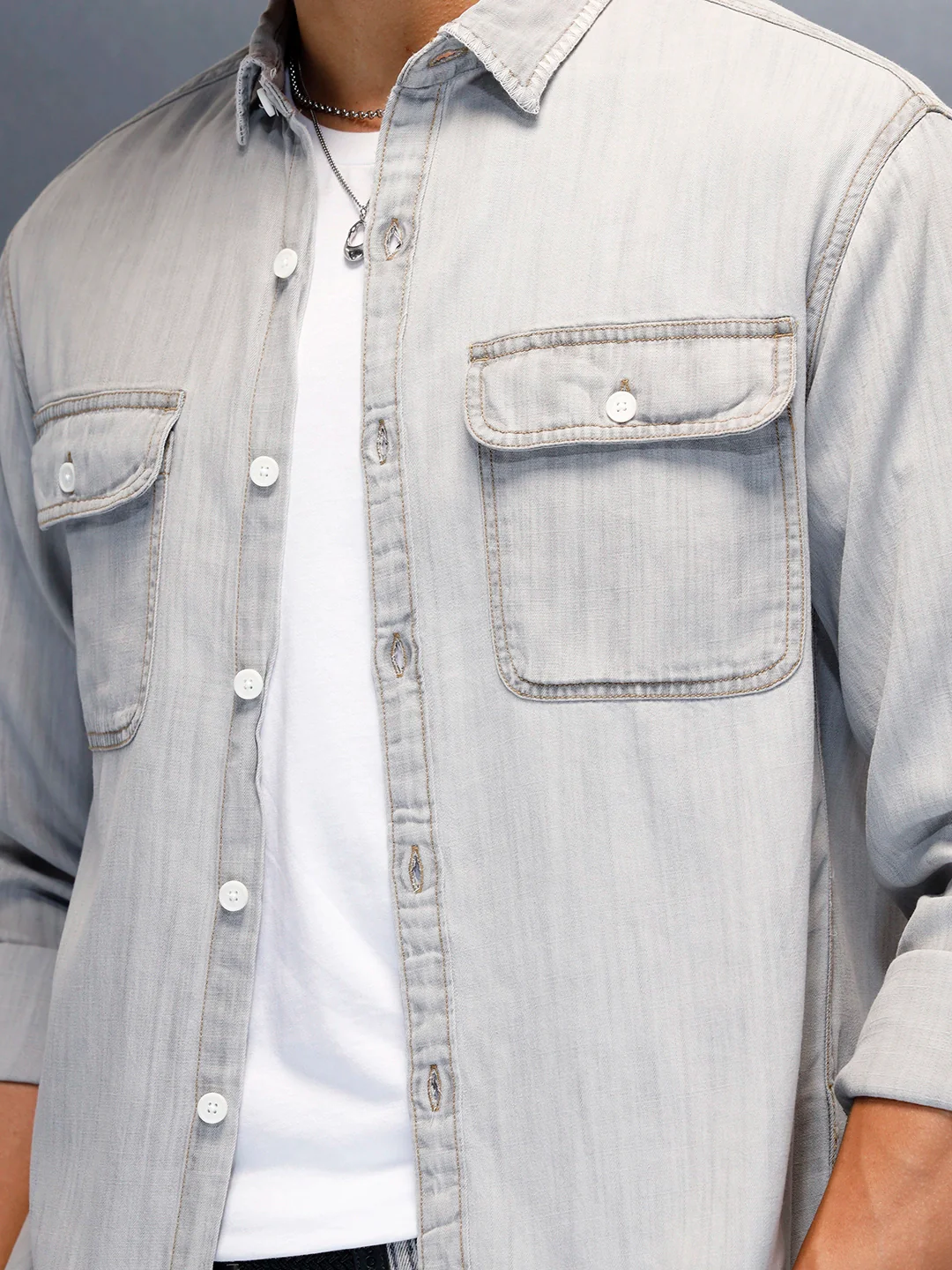 Men's Casual Washed Comfort Fit Denim Shirt | Grey - Image 4