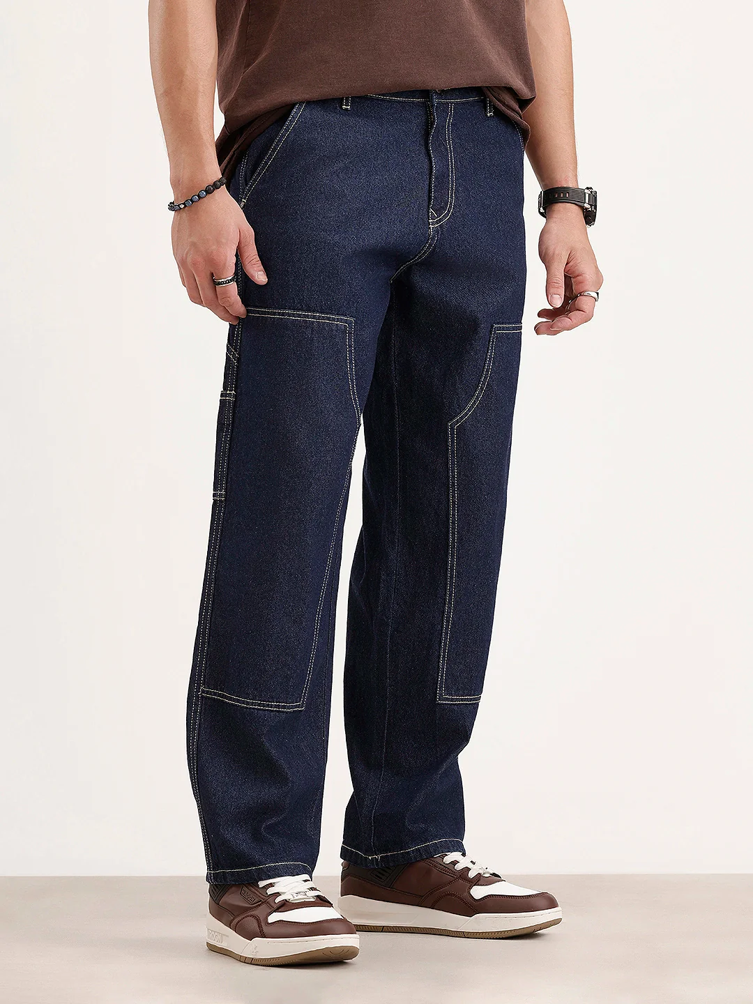 Loose Fit Cut & Sew Denim Jeans | Dark Blue - Image 4