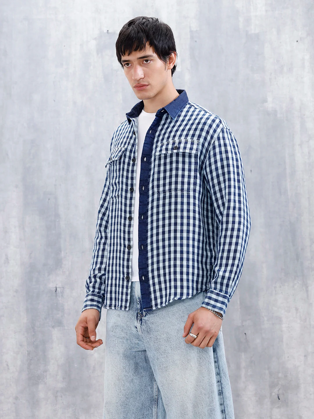 Men's Causal Oversized Fit Checkered Pattern Shirt | Blue - Image 4
