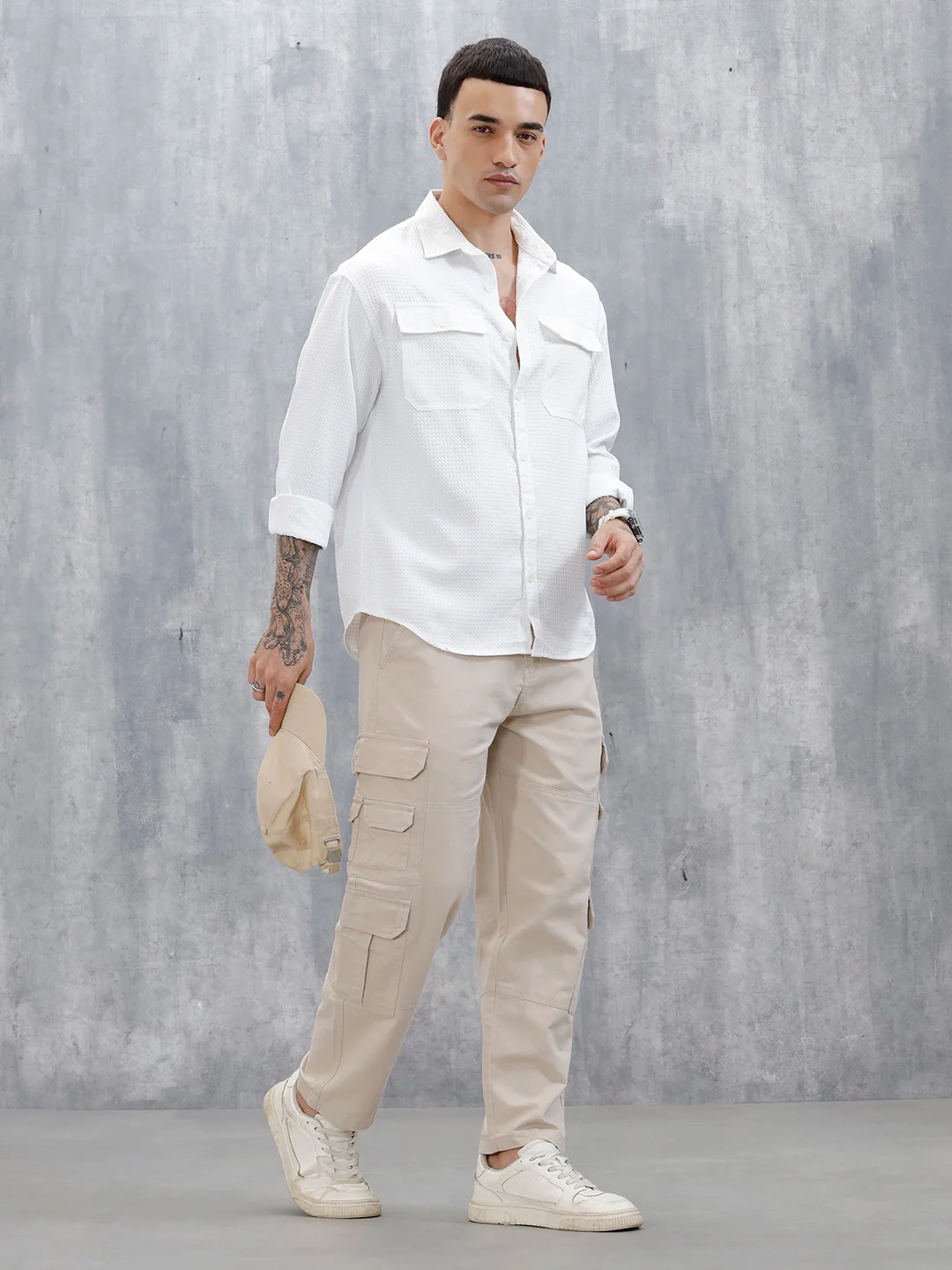 Men's Causal Relaxed Fit Utility Pockets Trousers | Cream - Image 2