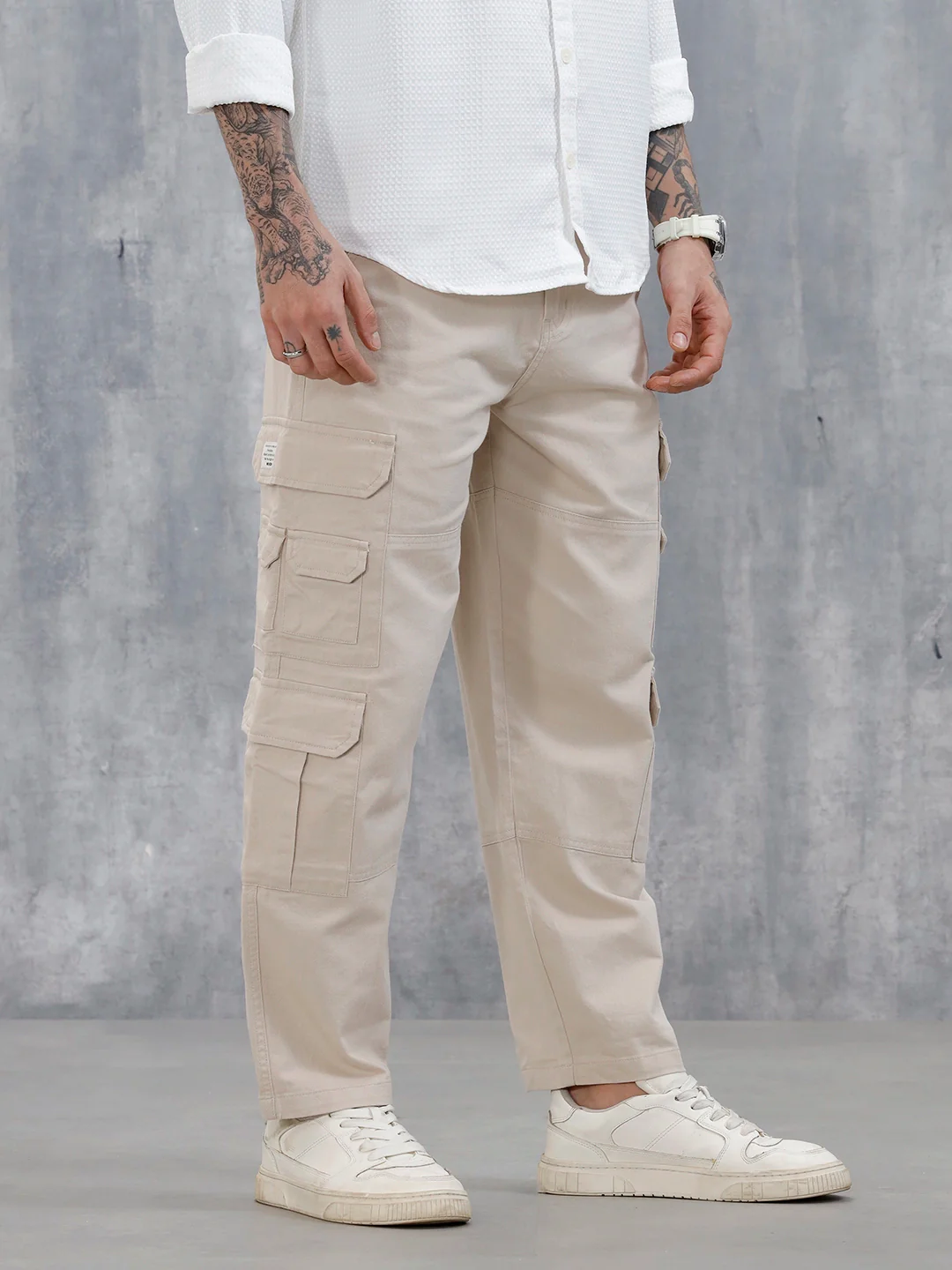 Men's Causal Relaxed Fit Utility Pockets Trousers | Cream - Image 4