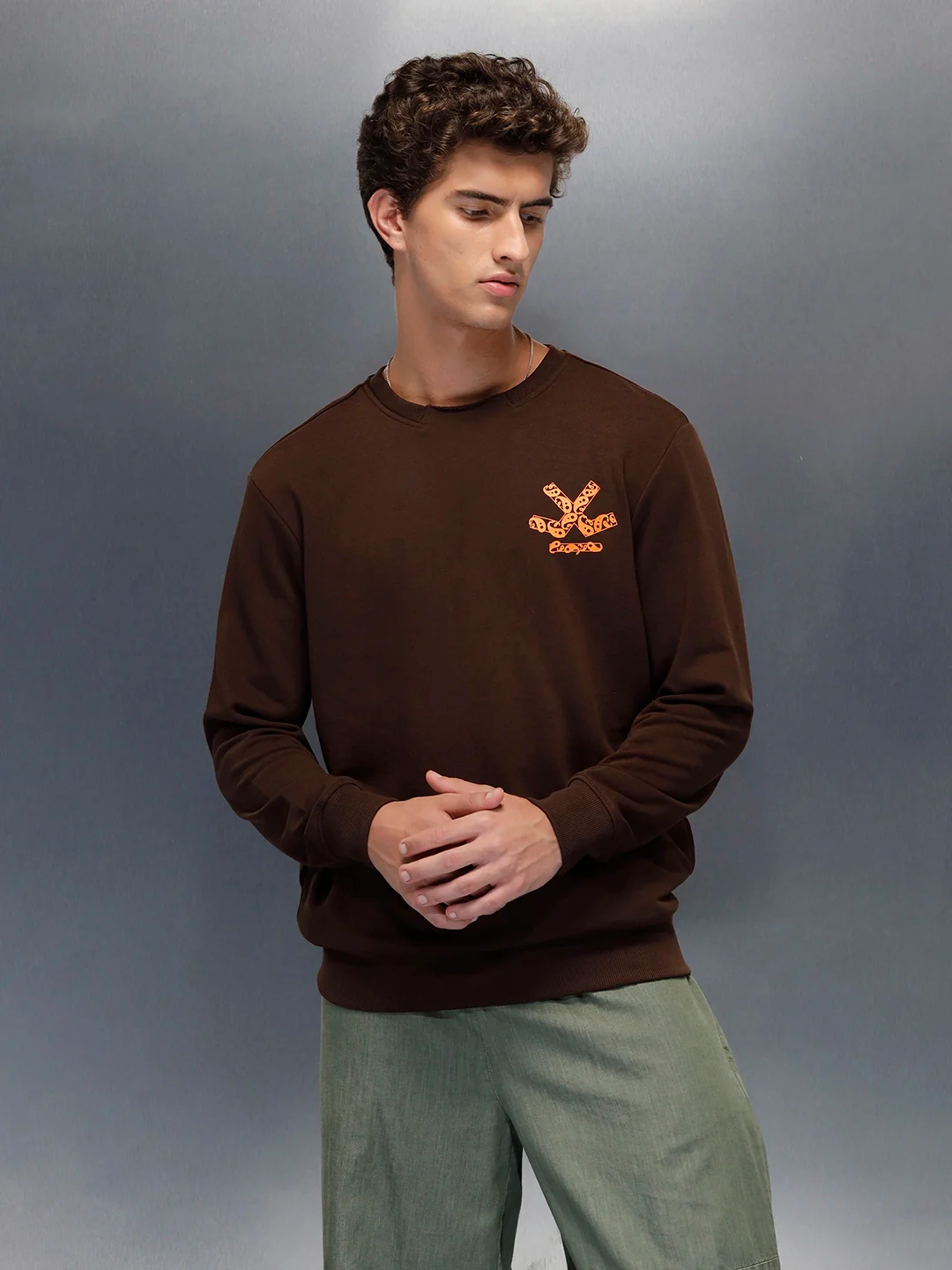 Men's Comfort Fit Wrogn branded Sweatshirt  | Brown - Image 4