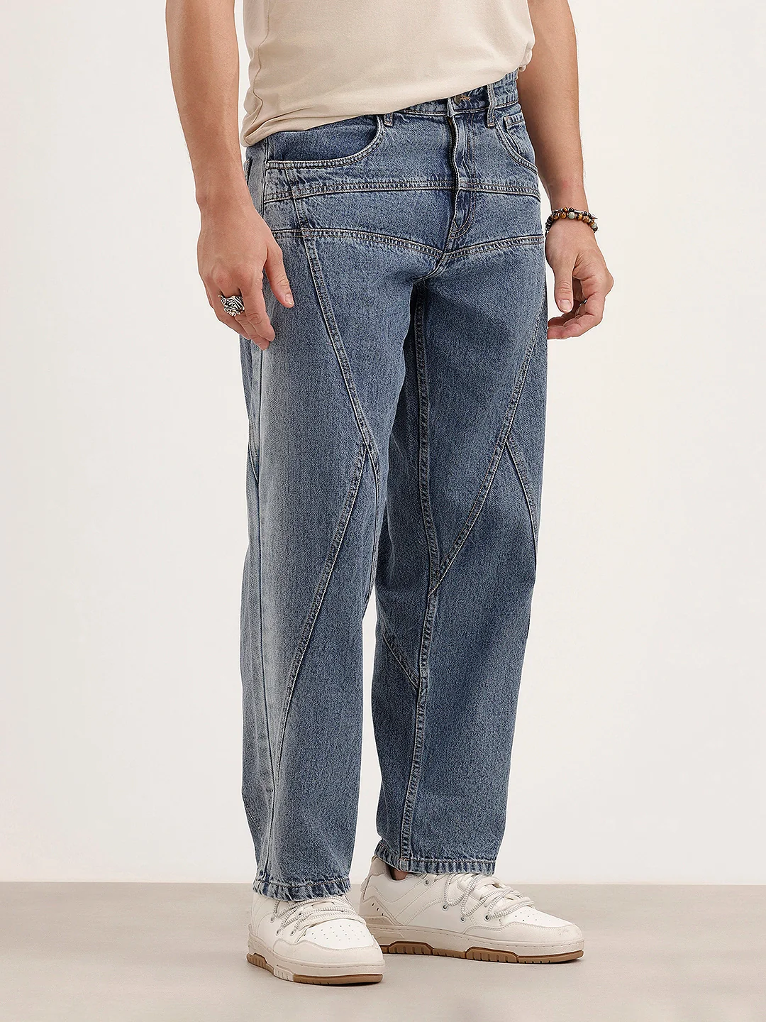 Loose Fit Cut & Sew Denim Jeans | Blue - Image 5
