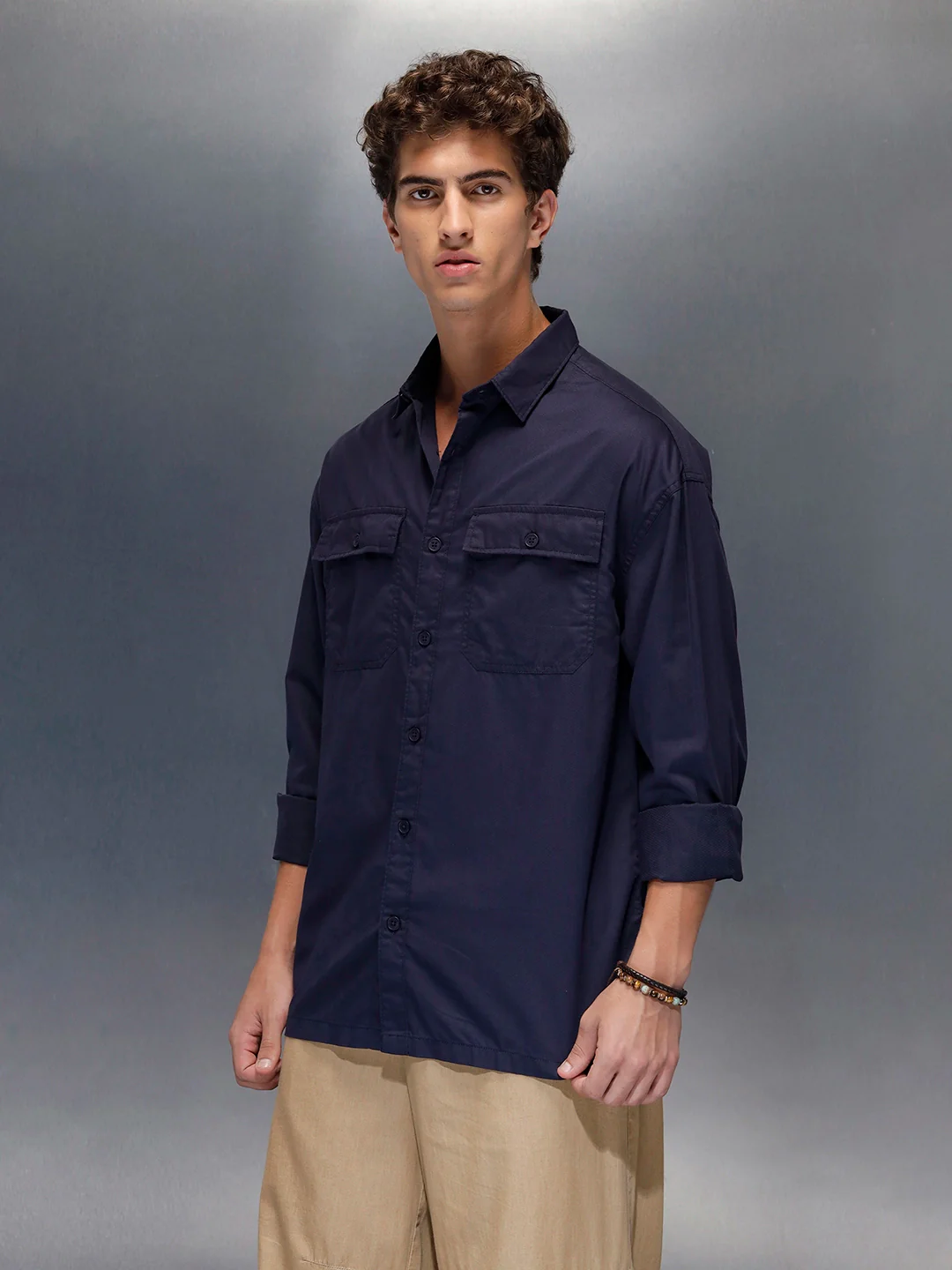 Men's oversize dual pocket shirt  | Navy Blue - Image 4