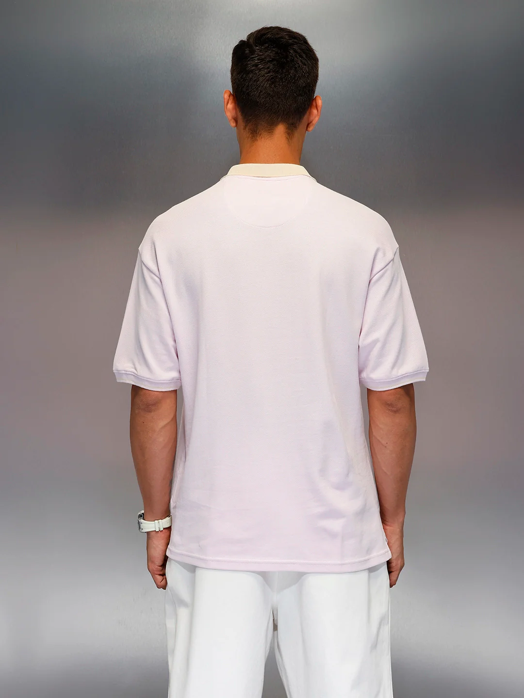 Men's oversize polo tshirt with contrast collar & graphic chest print | Pink - Image 3