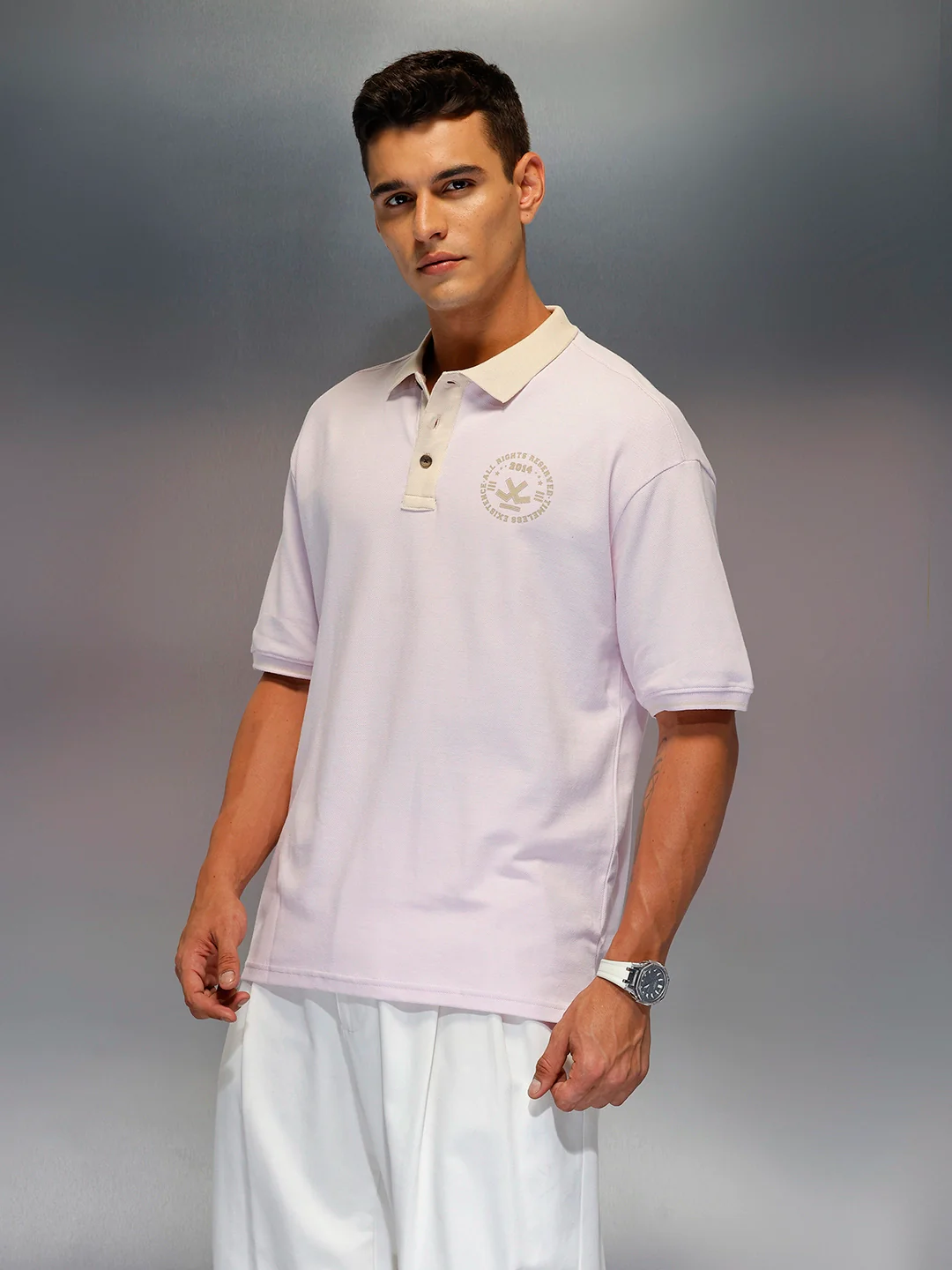 Men's oversize polo tshirt with contrast collar & graphic chest print | Pink - Image 4