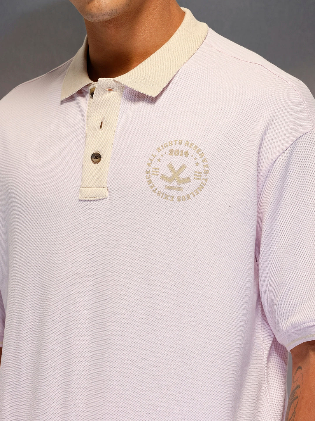 Men's oversize polo tshirt with contrast collar & graphic chest print | Pink - Image 5