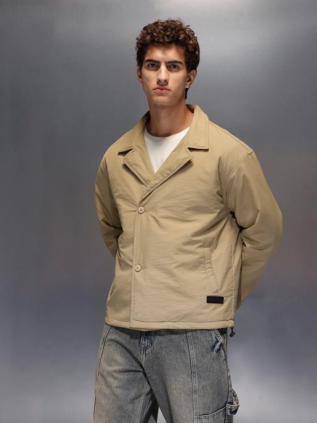 Men's Oversized blazer Style Nylon Jacket  |  Khaki - Image 3