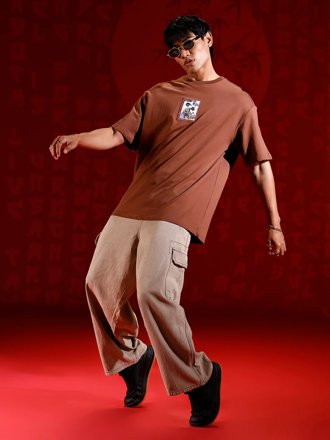 Men's Oversized Tee with Illustrated Patch Detail | Brown - Image 2