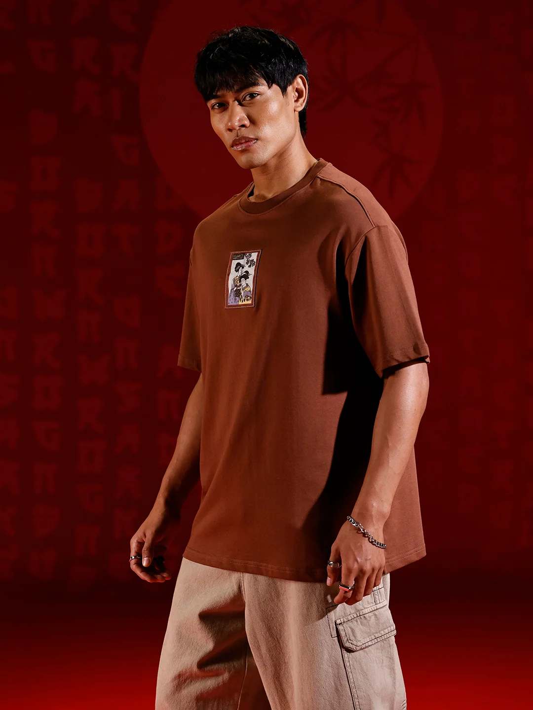 Men's Oversized Tee with Illustrated Patch Detail | Brown - Image 4