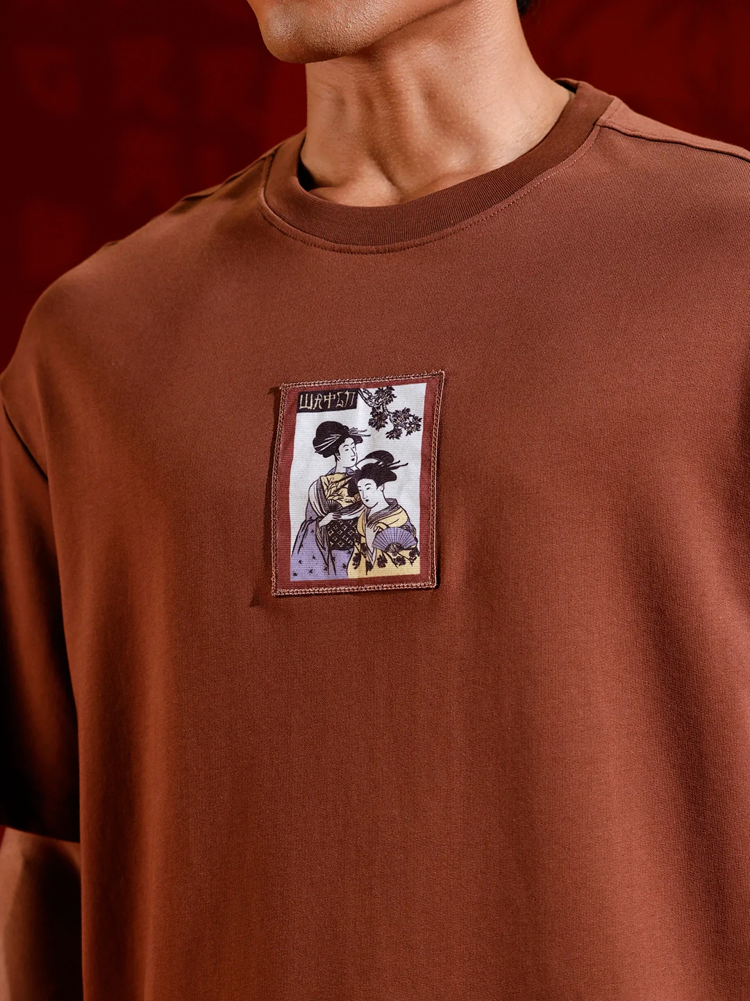 Men's Oversized Tee with Illustrated Patch Detail | Brown - Image 5