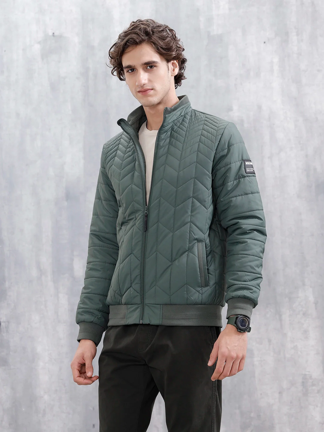 Men's Quilted Zip-Up Puffer Jacket | Dark Green - Image 4